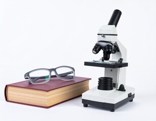 Microscope with Eyeglasses and Book on White Background