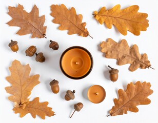 Autumn Flatlay with Yellow Leaves Acorns and Candles