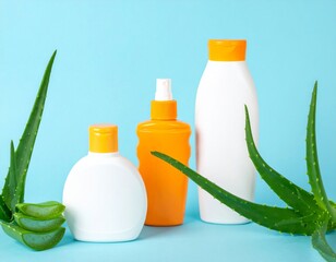 Summer Skincare Products with Aloe Vera on Blue Background