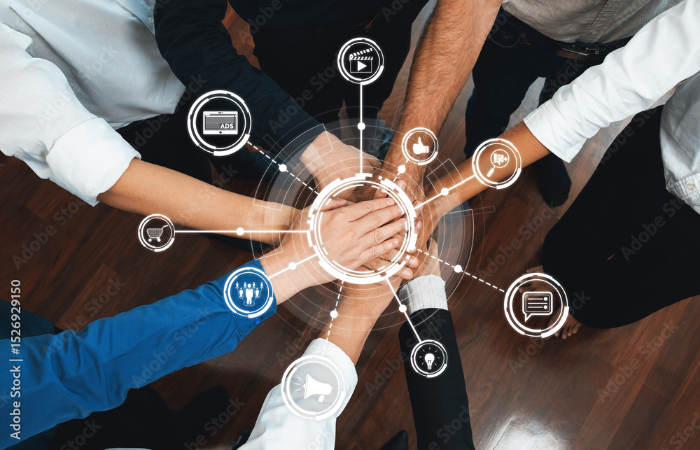 Poster A dynamic image showcasing diverse hands joined in a circle, symbolizing teamwork and collaboration, complemented by digital communication icons representing innovation and strategy. Amity