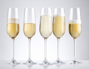 Five Champagne Glasses Pouring Sequence on White Background
