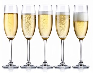 Five Glasses of Sparkling Champagne on White Background