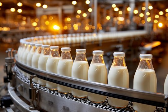 Automated milk bottling process in modern dairy factory with glass bottles on conveyor belt - Powered by Adobe