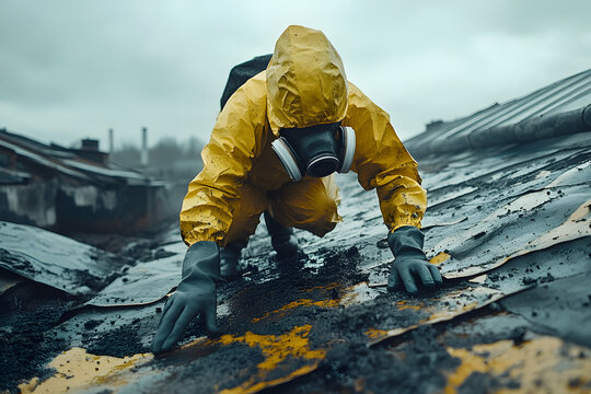 Worker in a special protective uniform removes old carcinogenic asbestos sheets from the roof