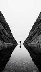 Mysterious figure stands alone by tranquil water between steep rocky cliffs in monochrome landscape