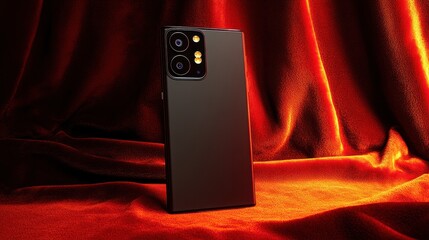 Dark smartphone with gold camera module on a red velvet backdrop.