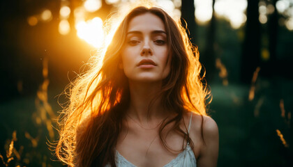Young woman with flowing hair stands in a sunlit forest during the golden hour, surrounded by nature's beauty