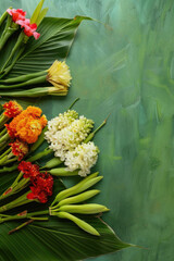 Colorful arrangement of fresh flowers and green leaves on a textured background. Onam in India, vertical banner, copy space, free space for text