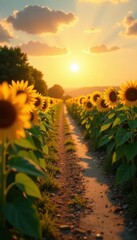 Golden hour sunlight bathes sunflowers,winding road , nature, backdrop
