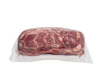 Vacuum-packed pork side view. A large piece of raw pork in vacuum packaging. Perfect for slow cooking or pulled pork. Meat isolated on white background.