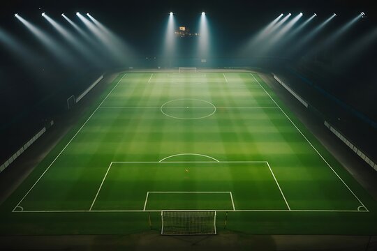 Aerial View of Soccer Field Illuminated by Spotlights with Vibrant Green Grass
