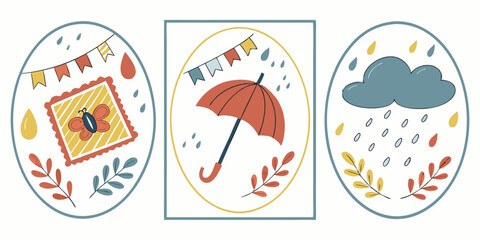 Set of illustrations and frames of rainy days and rainy season Umbrella Decoration Decoration Rainy day Rain goods Weather Rain clouds