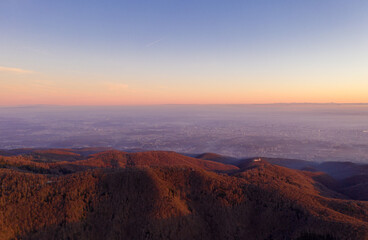 Zagreb Skyline in Croatia. Sunset Light Colorful Sky and Castle. View from the top of Medvednica Mountain.