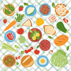 Colorful hand-drawn top view of table setting with breakfast and lunch meals. Naive cartoon flat food illustration with grid tablecloth, healthy ingredients, and cozy atmosphere