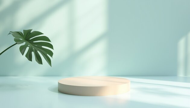 green palm tree leaf white pale round stand skyblue mockup background blue indoor prop interior sunlight shadow minimalist art beauty cosmetics skincare ppt powerpoint