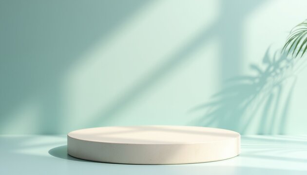 green leaf tree white pale round stand skyblue mockup background blue indoor prop interior sunlight shadow minimalist art beauty cosmetics skincare ppt powerpoint