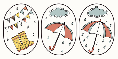 Set of illustrations and frames of rainy days and rainy season Umbrella Decoration Decoration Rainy day Rain goods Weather Rain clouds