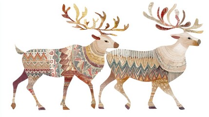 Boho Christmas Reindeer Clipart Tribal Patterned Festive Animals