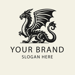 Sleek black and white flat vector logo illustration of a dragon, perfect for a modern brand, gaming team, or mythical design project.