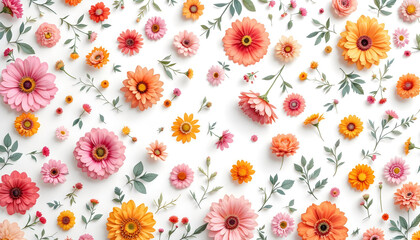 Beautiful floral print with small orange red and pink blossoms on white background for invitation or decor