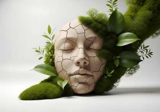Surreal cracked clay face with closed eyes and lush green plants and moss symbolizing nature, rebirth, decay, and serenity