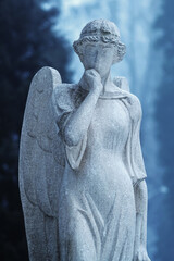 Dramatic sensitive facial expression of beautiful angel. Close up. Vertical image.