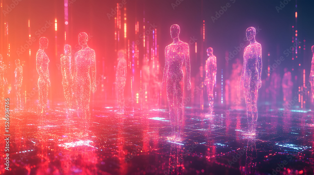 Poster digital human figures made of particles and light trails, abstract technology background with glowin