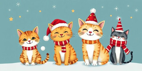 Adorable cartoon cats in festive Christmas & New Year attire, whimsical hand-drawn style,  kawaii,  happy new year