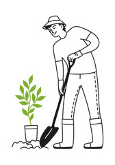 Man with a shovel works in the garden, plants a plant, takes care of plants. Caring for nature. Gardening. Ecology. Vector illustration doodle