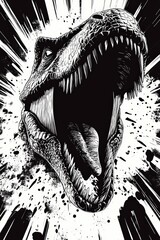 Obraz premium Pop art style black and white illustration of a roaring dinosaur head bursting through the background with dynamic energy and splatter effects