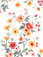 Decorative floral pattern with small colourful flowers and leaves on white background ideal for wrapping paper or card