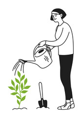 Woman watering plant, taking care of plants. Caring for nature. Gardening. Ecology. Vector illustration doodle
