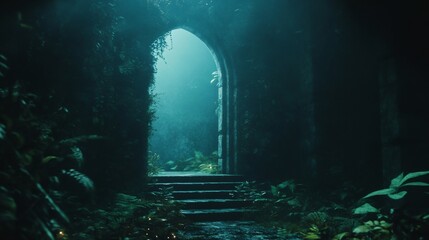 A dark, mysterious tunnel with a small archway leading to the other side