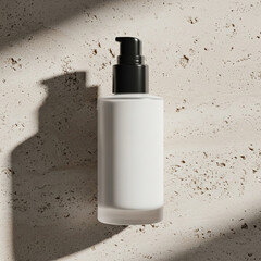 A top-down view of a minimalist white cylindrical bottle with a matching cap, resting on a textured light beige surface with harsh shadows.
