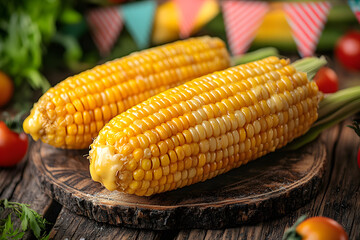 Festa Junina traditional cooked corn on the cob with butter and festive bunting flags over wooden background, são joão