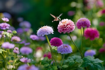 Fototapeta premium Hummingbird hovering over vibrant pink and purple flowers in sunlit garden
