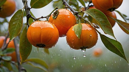 Orange fruits on a branch, rain drops