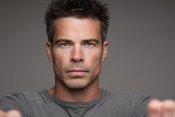 Fototapeta premium determined stuntman portrait positioned in upper right corner hands out of frame