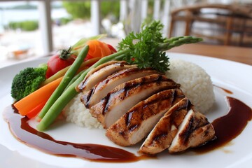 Grilled chicken breast with asparagus and rice on a white plate