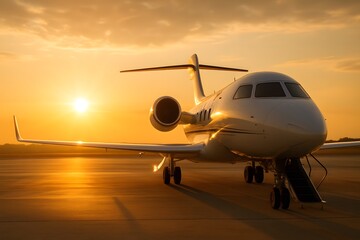 Private jet on tarmac at sunset with open staircase, AI generated