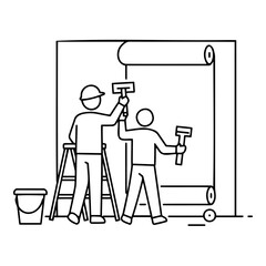 Illustration of two workers replacing wallpaper with tools on a ladder, symbolizing home improvement and renovation