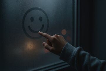 Person drawing a smile face on a foggy window at night with city lights in the background, expressing mood and creativity