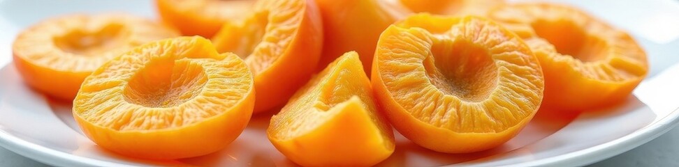 Sun-dried apricots, wrinkled texture, vibrant orange hue on pristine white plate, energy, sweet, delicious