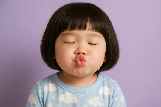 Adorable young child with closed eyes making a funny kissy face in blue pajamas against a soft purple background