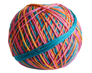 Colorful rainbow yarn ball with vibrant pink, turquoise, orange, and yellow threads, neatly wrapped for knitting or crafts, isolated on transparent background