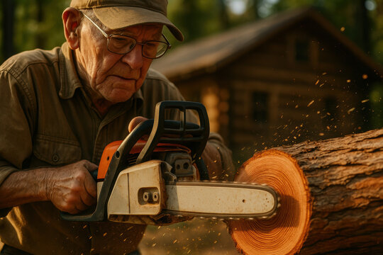 Elderly man using chainsaw to cut firewood outdoors in forested area with rustic cabin in background during autumn afternoon - Powered by Adobe