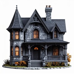 Obraz premium Gray Stone Victorian House with Autumn Plants