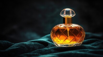 Ornate perfume bottle on dark teal fabric.