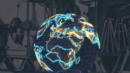 double exposure of heavy industrial machines overlaid with a globe and trade routes, representing the role of industry in the global economy - Powered by Adobe