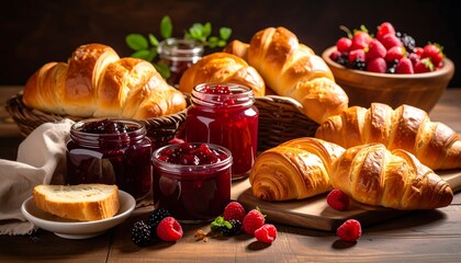 Fresh pastries and jams on a rustic wooden table